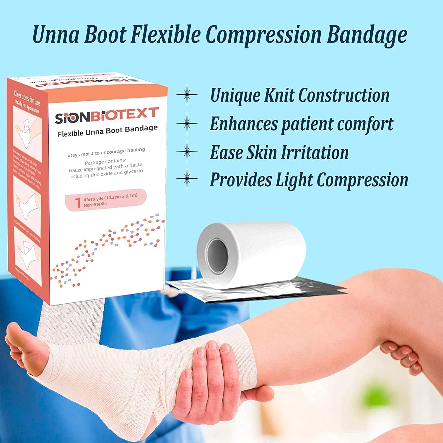 Sion Biotext zinc oxide paste provides uniform distribution in Unna Boot for gentle compression