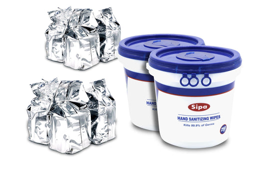 SIPA hand sanitizing wipes in bulk buckets for quick hygiene.
