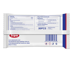 SIPA travel bag label highlighting 50 wipes per bag
