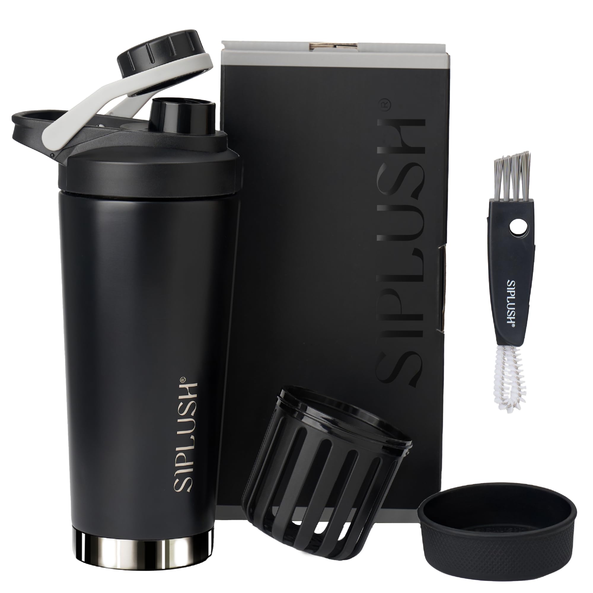 SIPLUSH Paradise Shaker bottle with onyx silver finish for on-the-go hydration.
