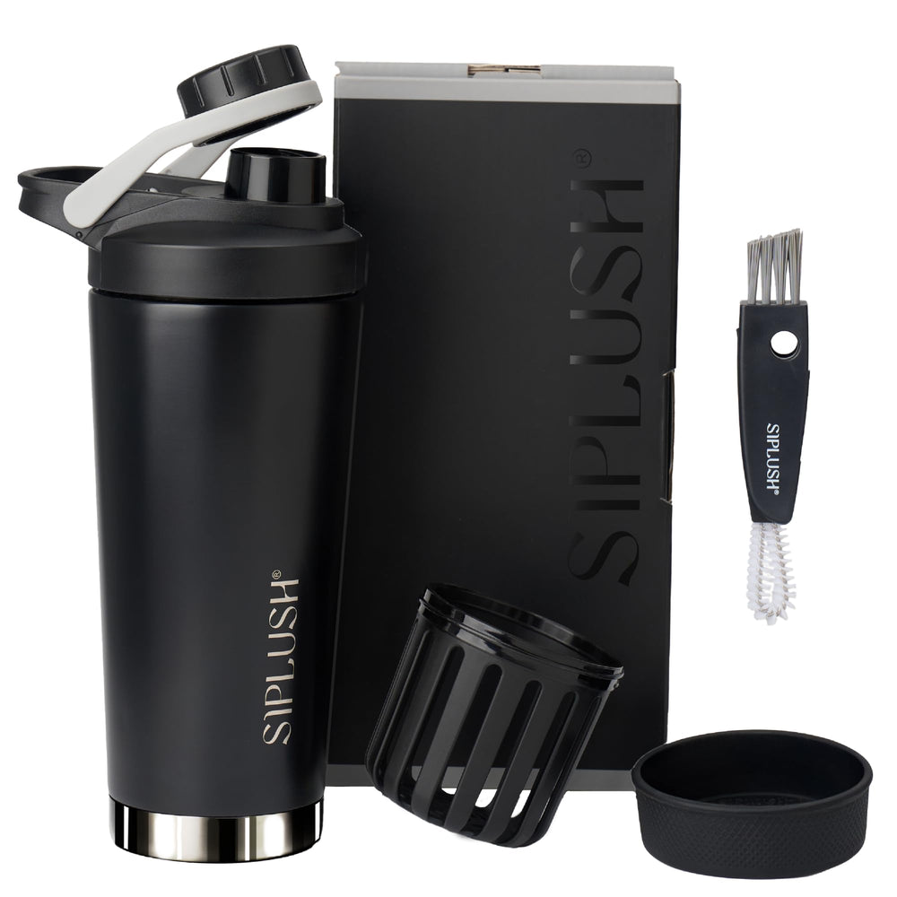 SIPLUSH Paradise Shaker bottle with onyx silver finish for on-the-go hydration.