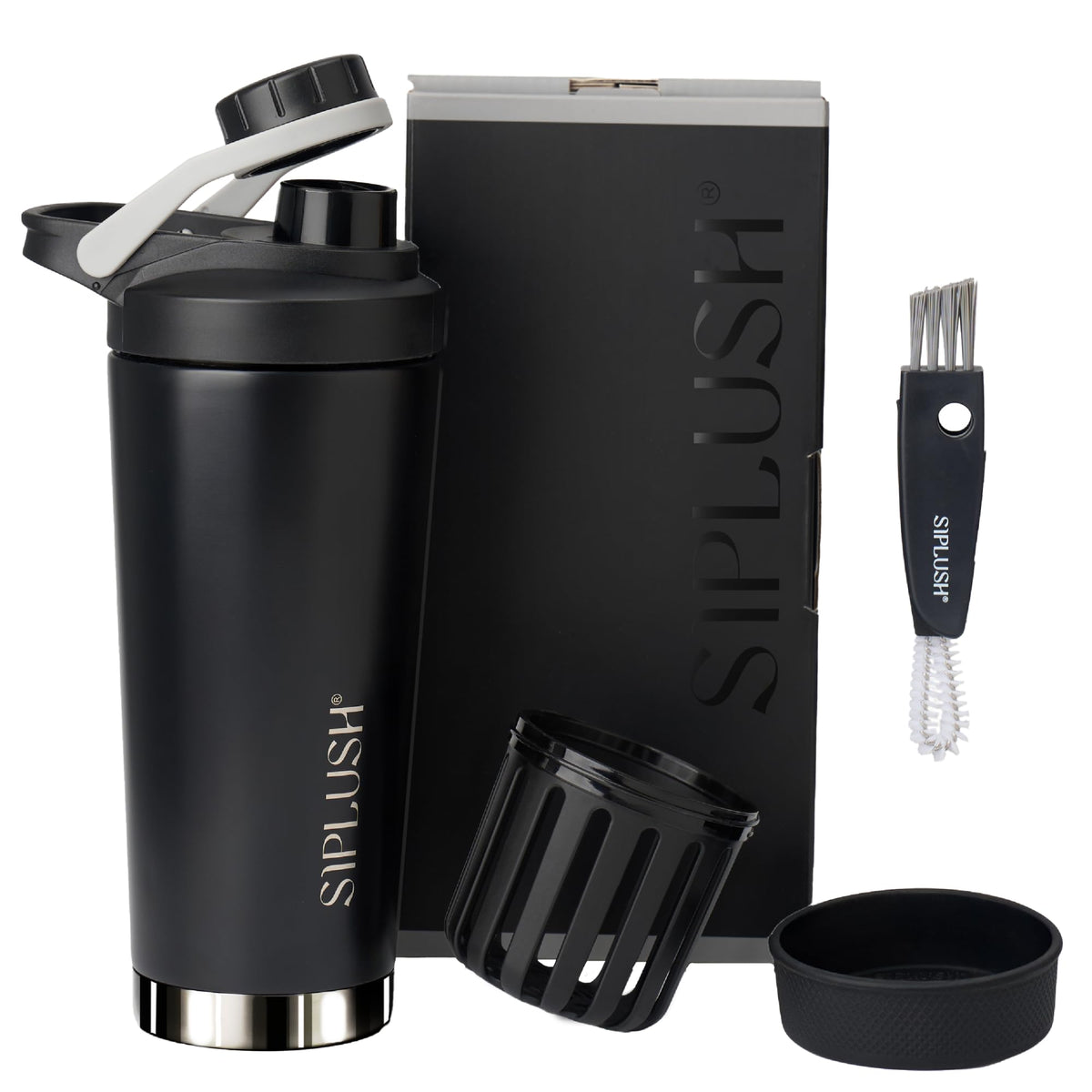 SIPLUSH Paradise Shaker bottle with onyx silver finish for on-the-go hydration.