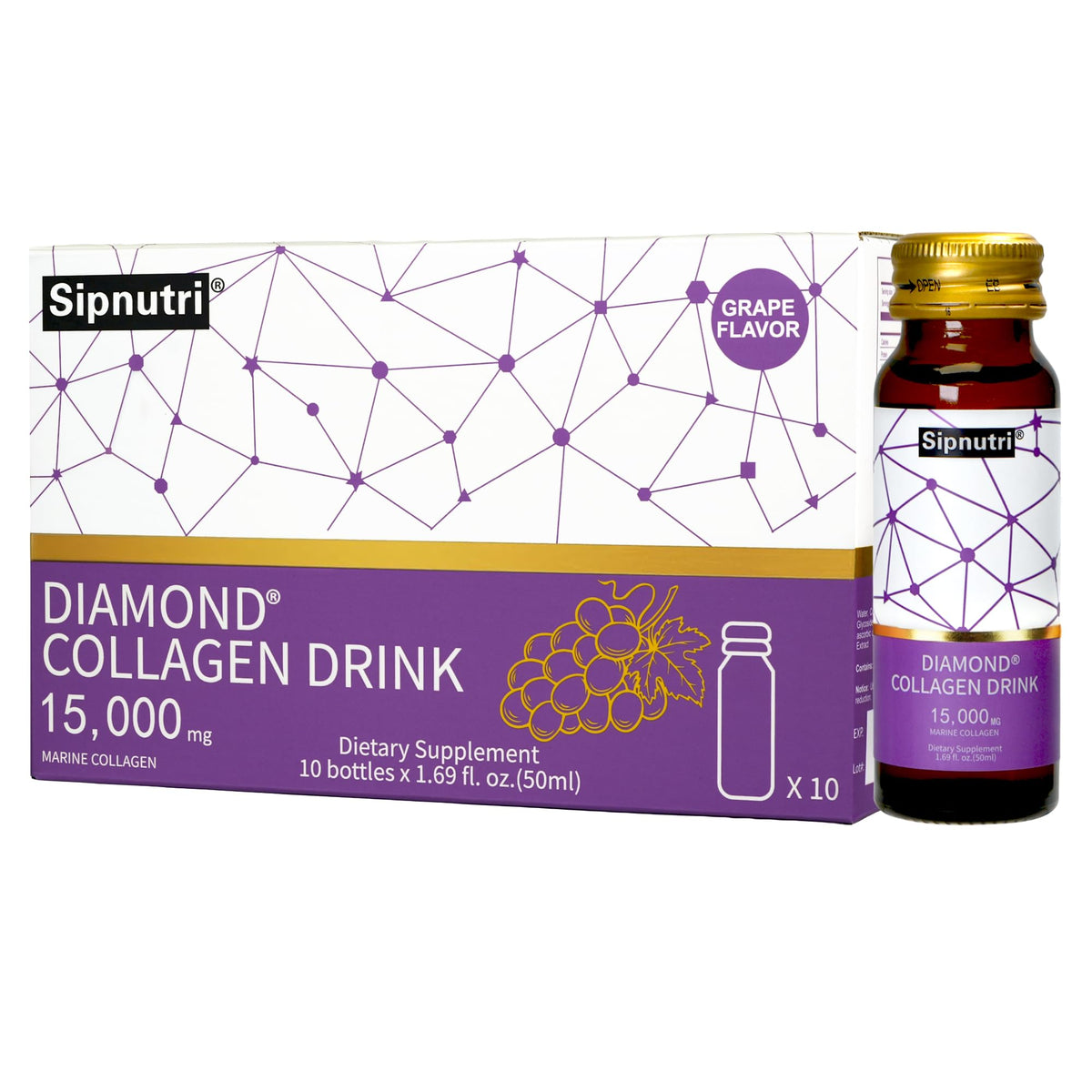 Sipnutri Diamond Collagen bottle front showing 15,000 mg marine peptides and premium packaging.