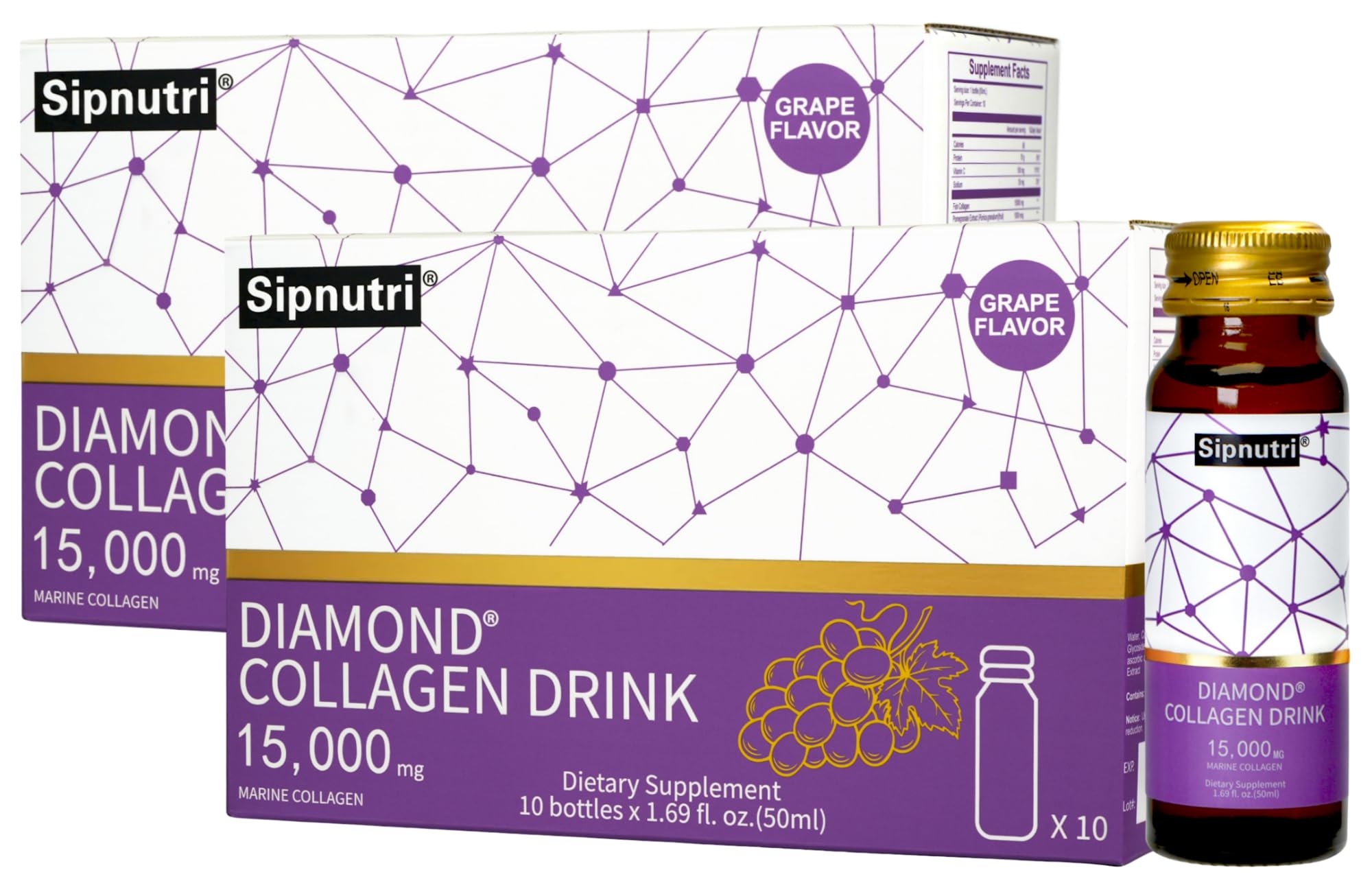 Sipnutri Diamond Collagen Drink bottle front with grape flavor for daily beauty boost