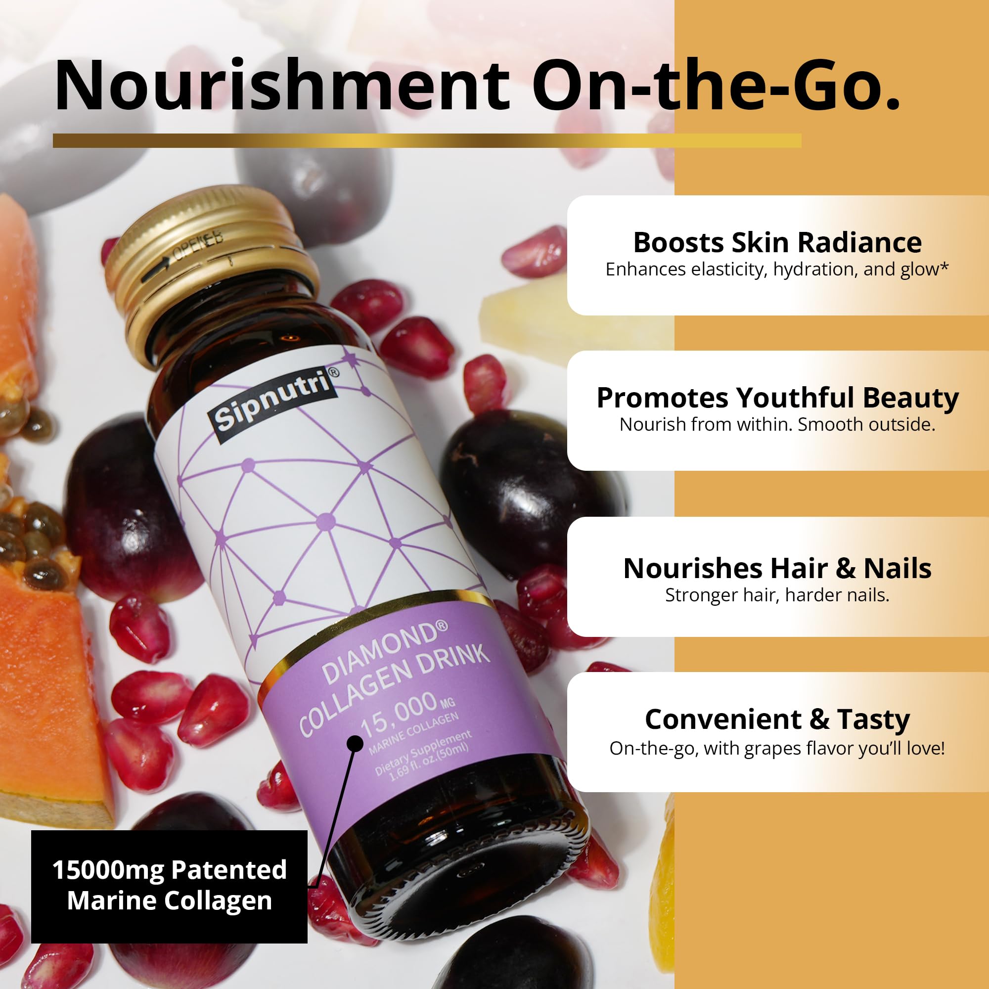 Sipnutri bottle being poured to enjoy convenient collagen intake