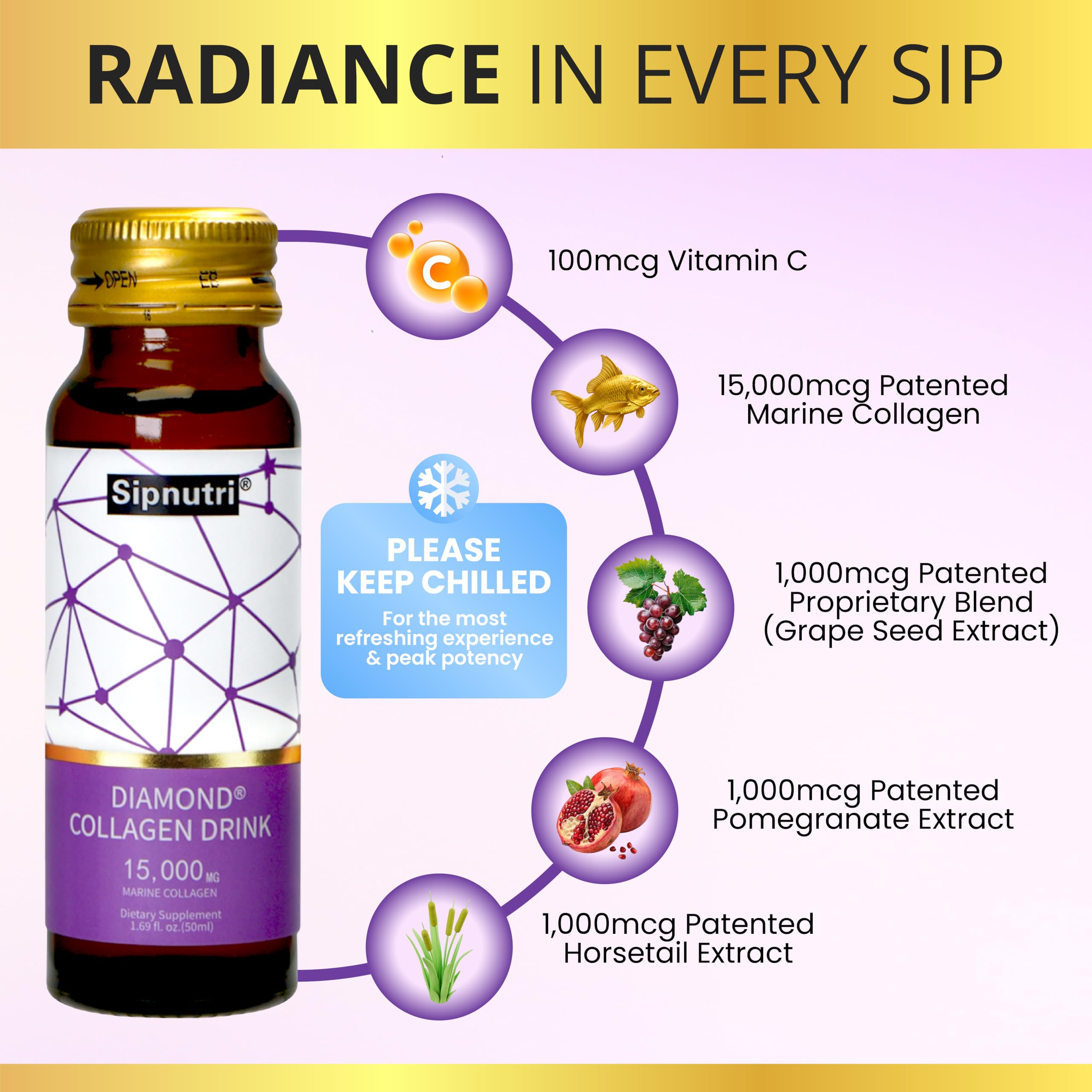Sipnutri Diamond Collagen label details showcase marine peptides and vitamin C.