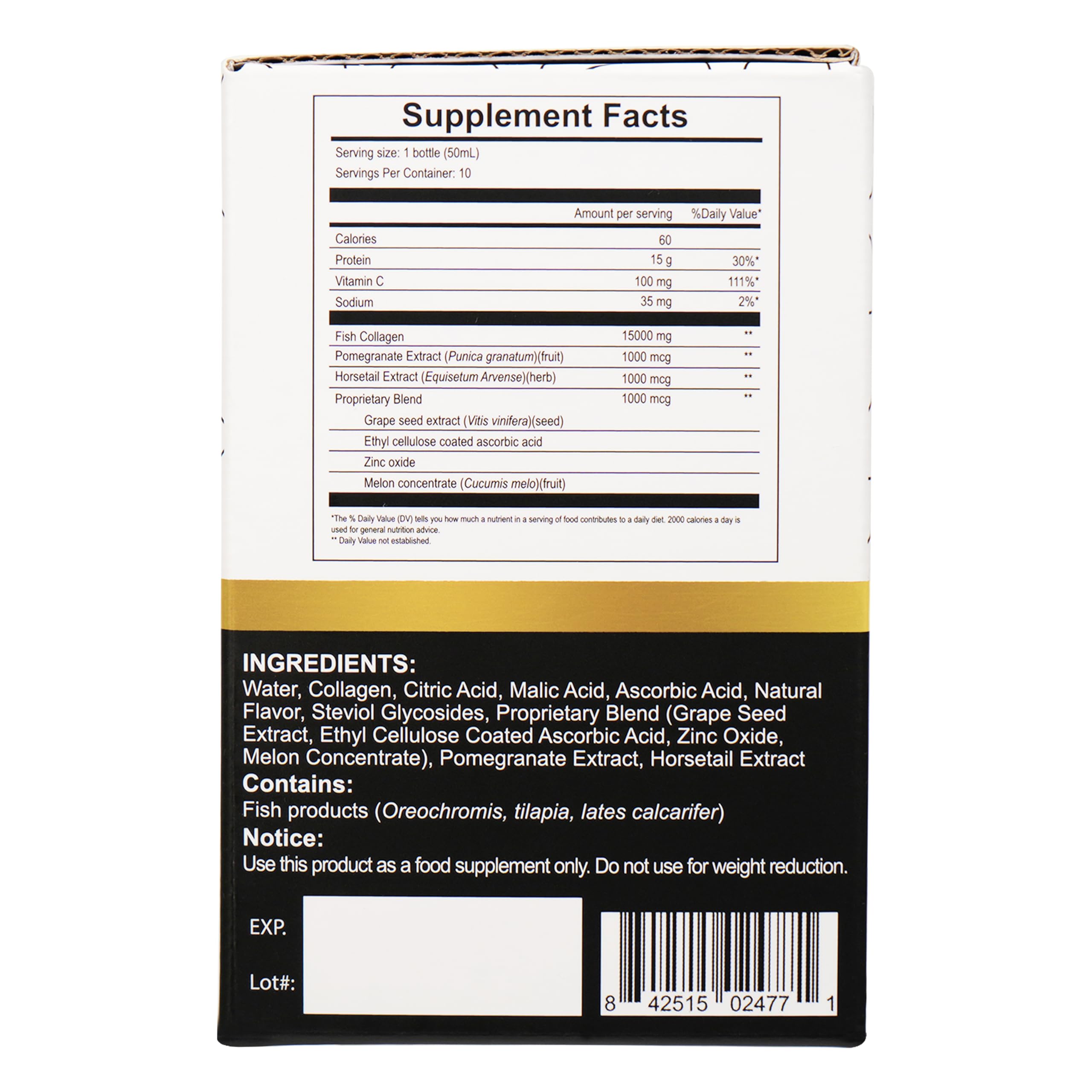 Side view of Sipnutri Diamond Liquid bottle with dosage and packaging