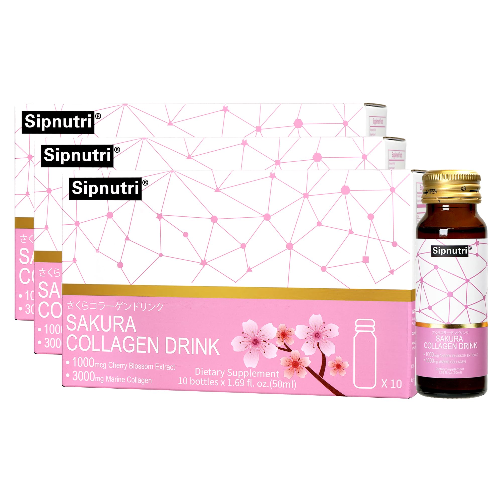 Sipnutri Sakura collagen bottle highlighting 3000mg marine peptides for hydrated skin.