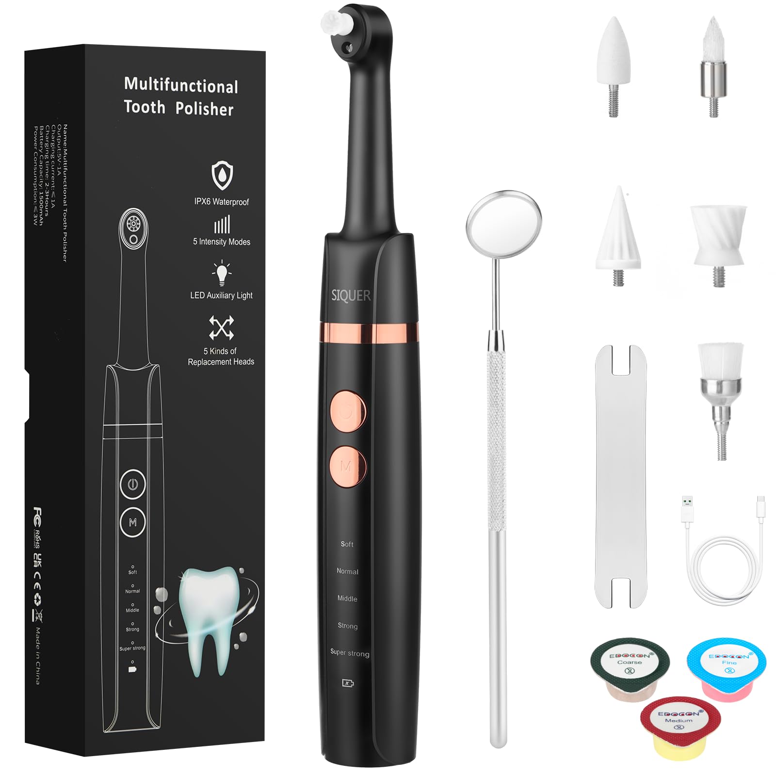 SIQUER Tooth Polisher with five brush heads for versatile at-home cleaning
