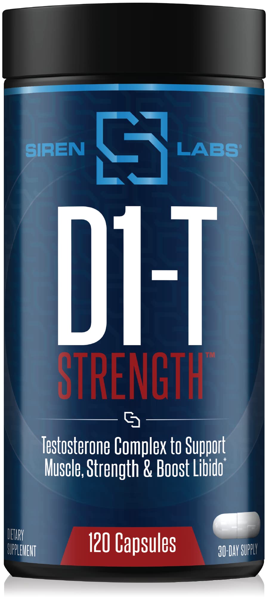 SIRENLABS D1-T Strength bottle shown for daily mass-building support.