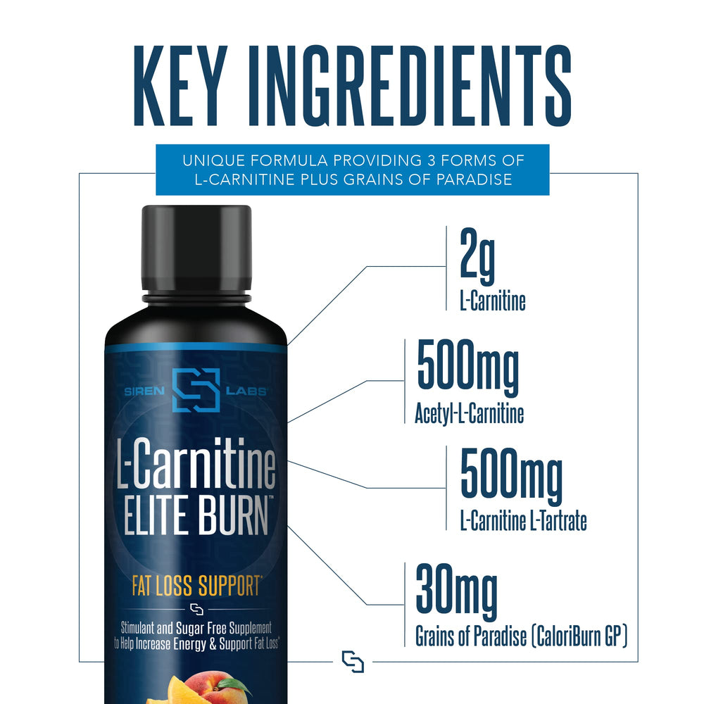 SIRENLABS Elite Burn bottle with ingredients panel highlighting three L-Carnitine forms.