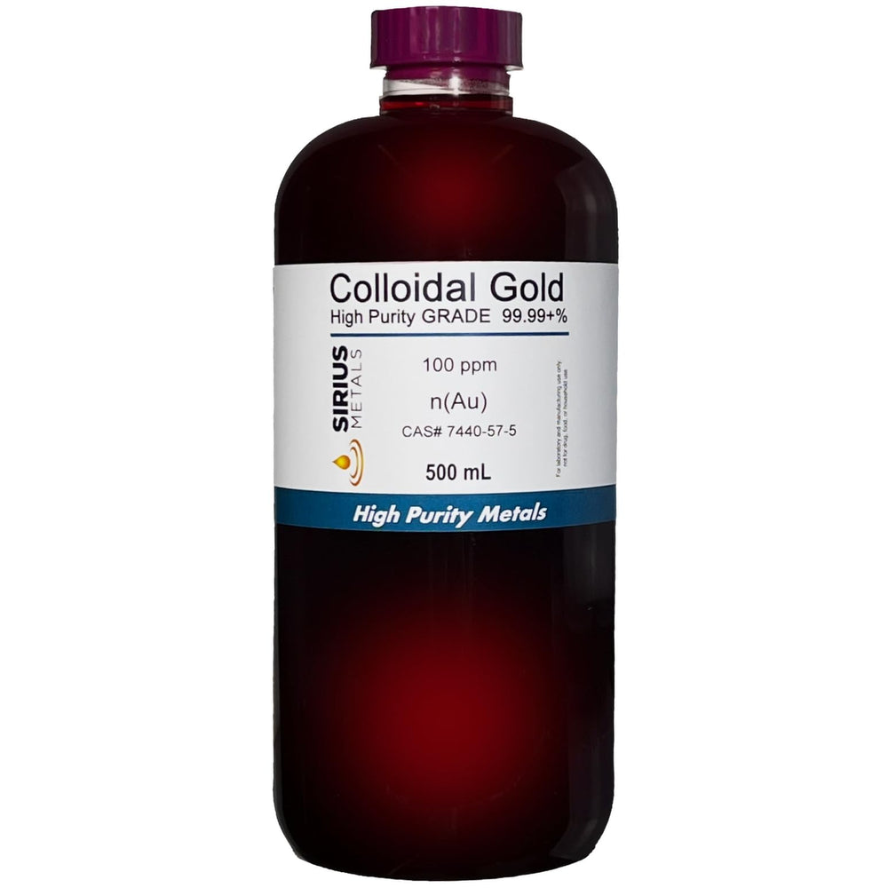 Sirius Metals true colloidal gold 500 ml bottle showing clarity and purity for lab use