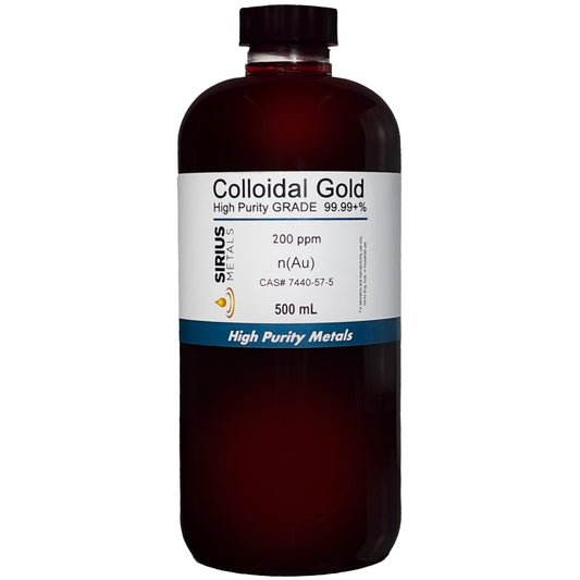 True Colloidal Gold bottle by Sirius Metals; deep red suspension for educational demonstrations.
