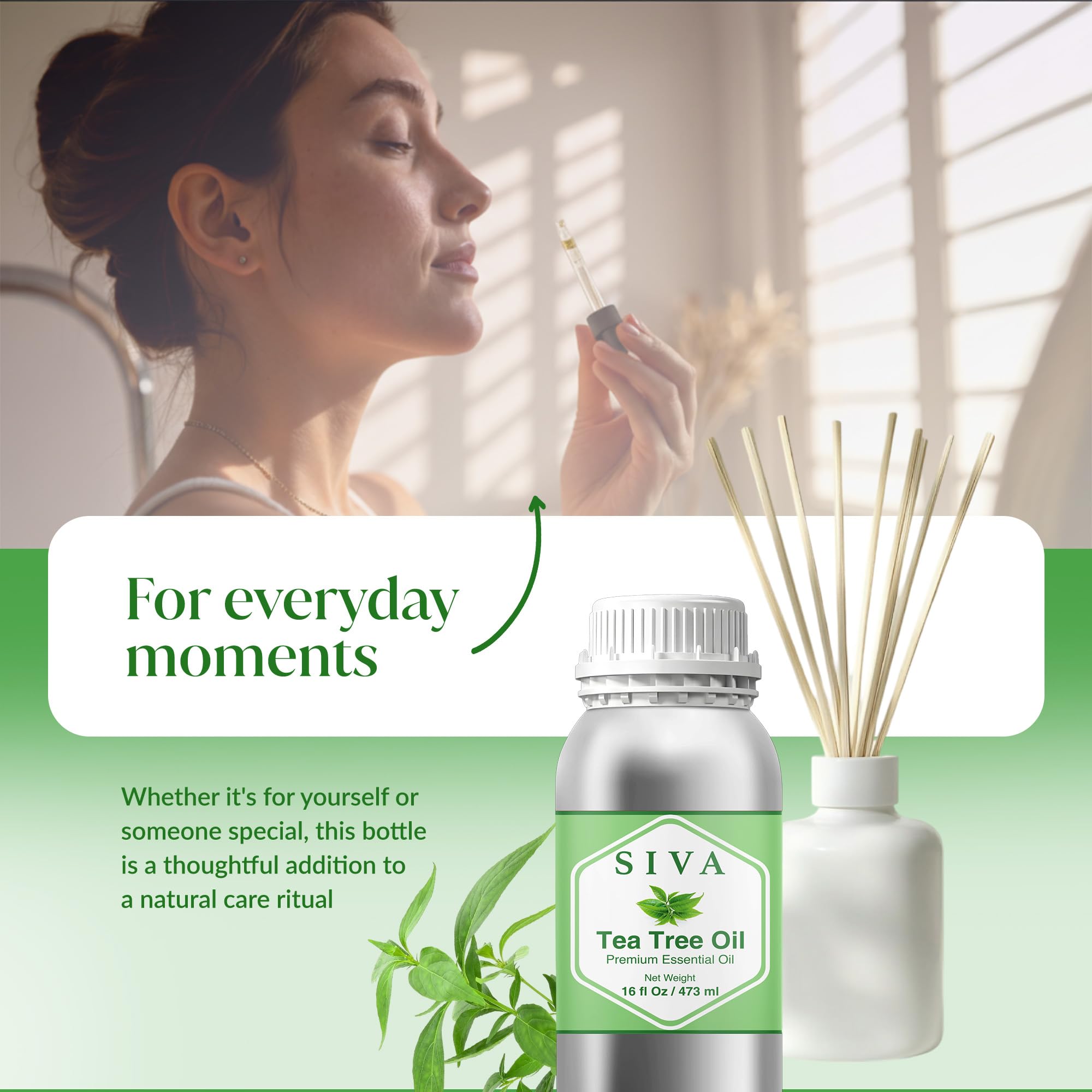Siva Tea Tree Oil bottle close-up, preservative-free and not tested on animals.