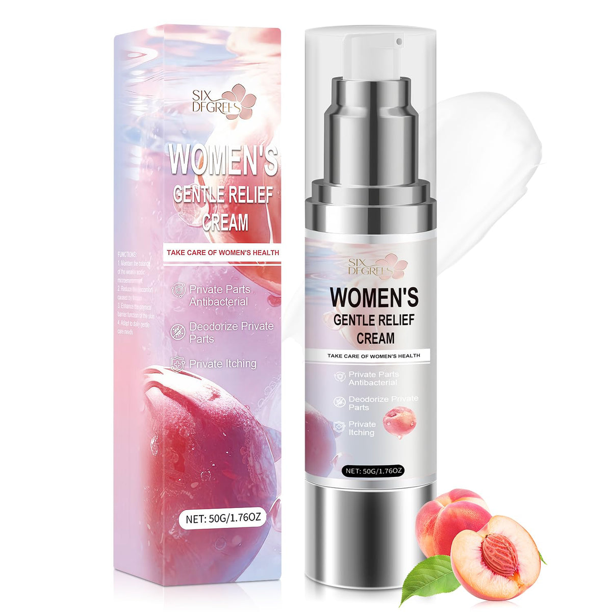 Six Degrees Silky Peach Cream bottle for daily intimate moisture and comfort.