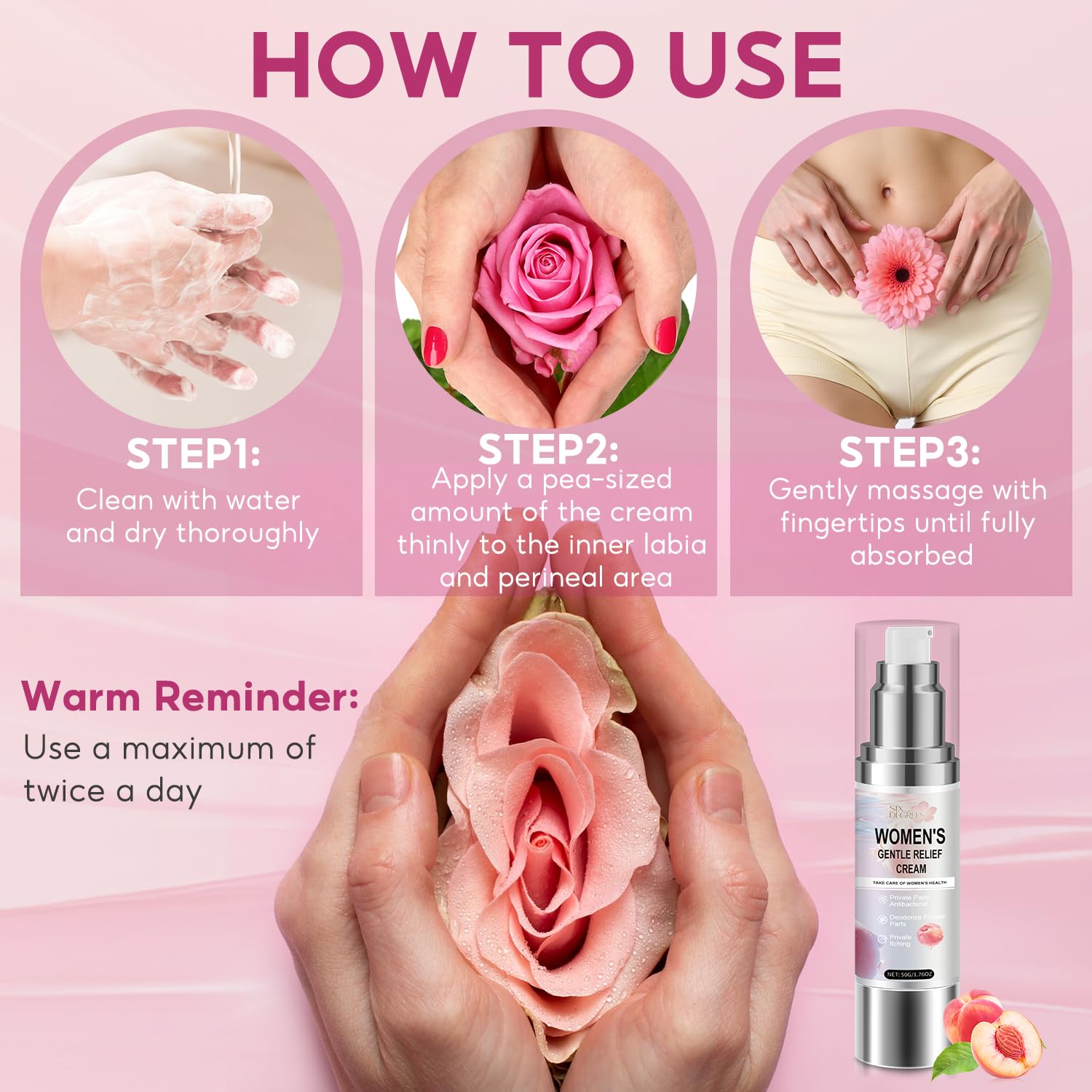 Six Degrees Silky Peach Cream applied to labia area for daily comfort.