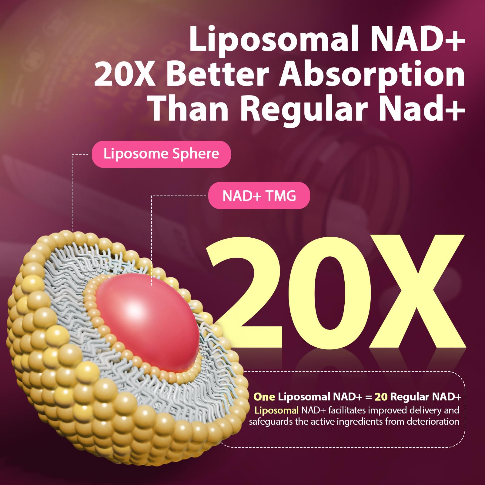 Close-up of Sizyok liposomal NAD+ capsules for enhanced absorption