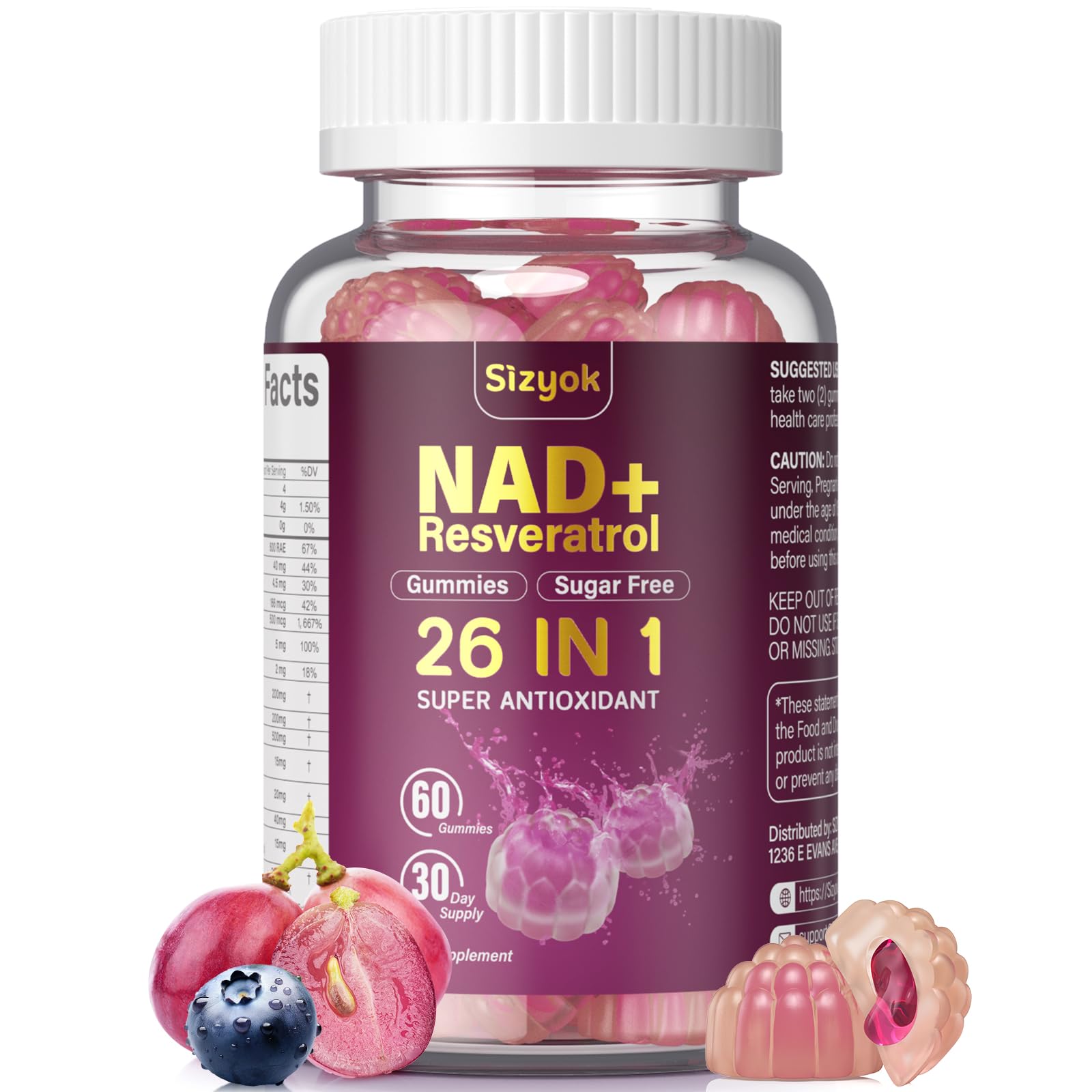 Sizyok NAD Resveratrol Gummies bottle showing antioxidant formula for daily energy