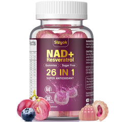 Sizyok NAD Resveratrol Gummies bottle showing antioxidant formula for daily energy
