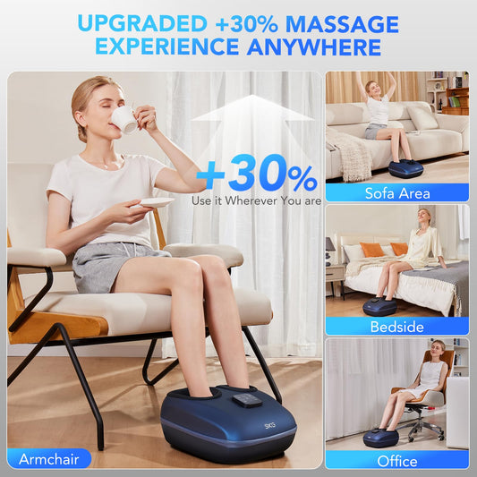 Close-up of heat function on SKG massager warming feet for comfort.
