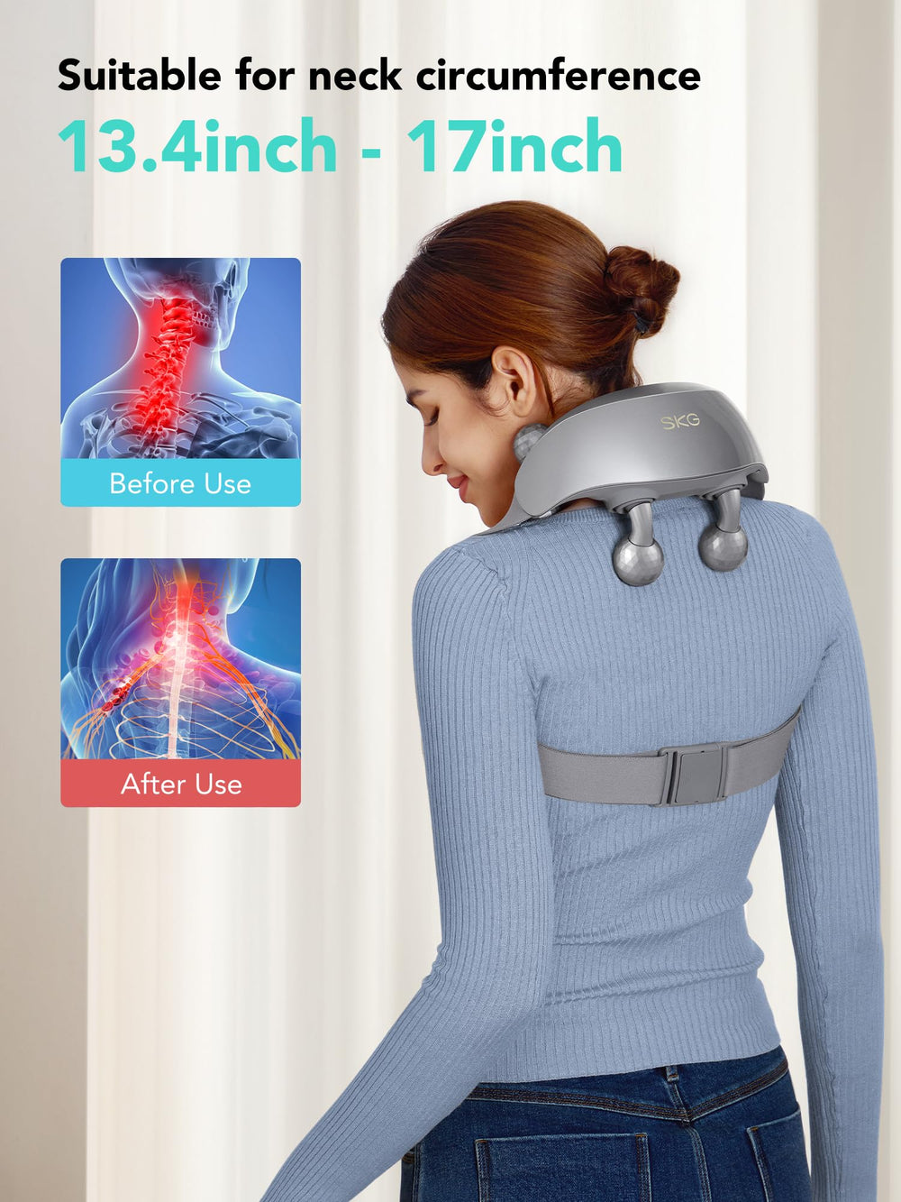 SKG H7 Ultra heat-beads closeup highlights warmth across the neck and upper shoulders.