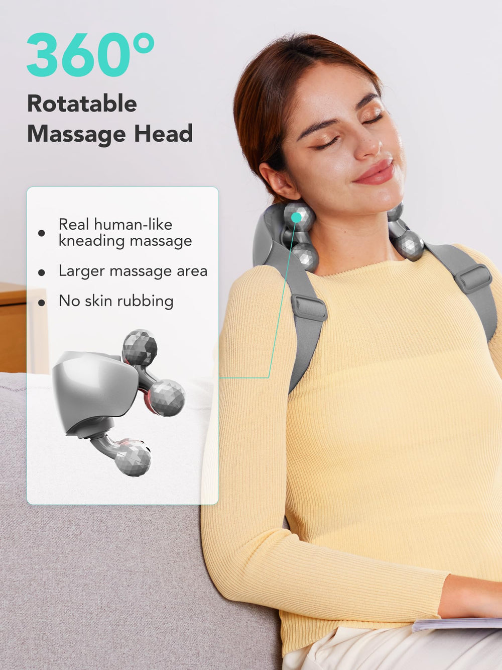 SKG H7 Ultra massage head closeup emphasizes 320-facet contact for richer neck and shoulder relief.