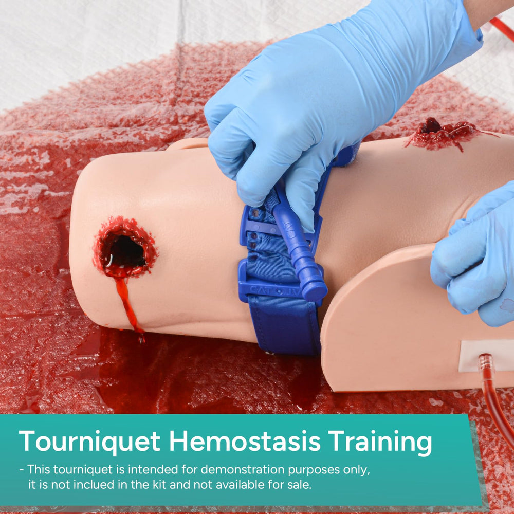 Skillssist stop the bleed training kit covers wound compression and tourniquet use.