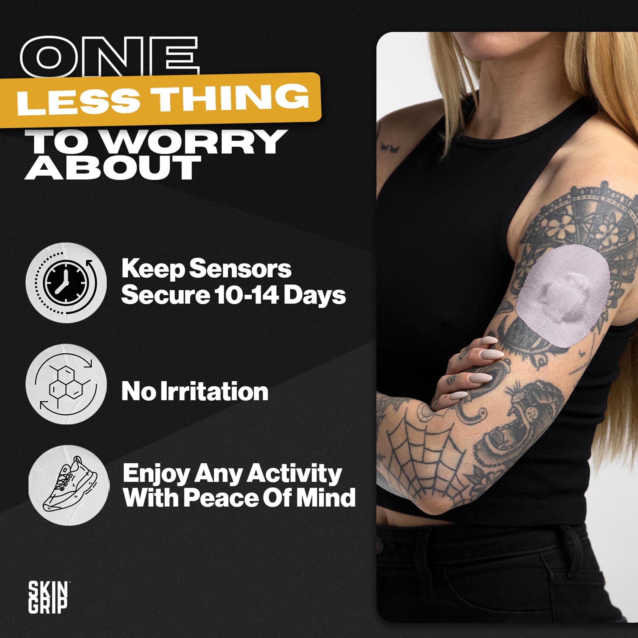 Skin Grip patch demonstrates 4-way stretch for secure CGM adhesion.