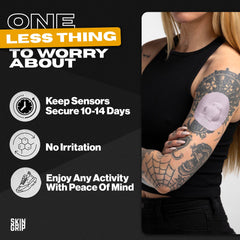 Skin Grip patch demonstrates 4-way stretch for secure CGM adhesion.