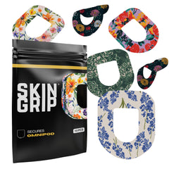 Skin Grip CGM patch for Omnipod with floral design securing sensor during daily wear.