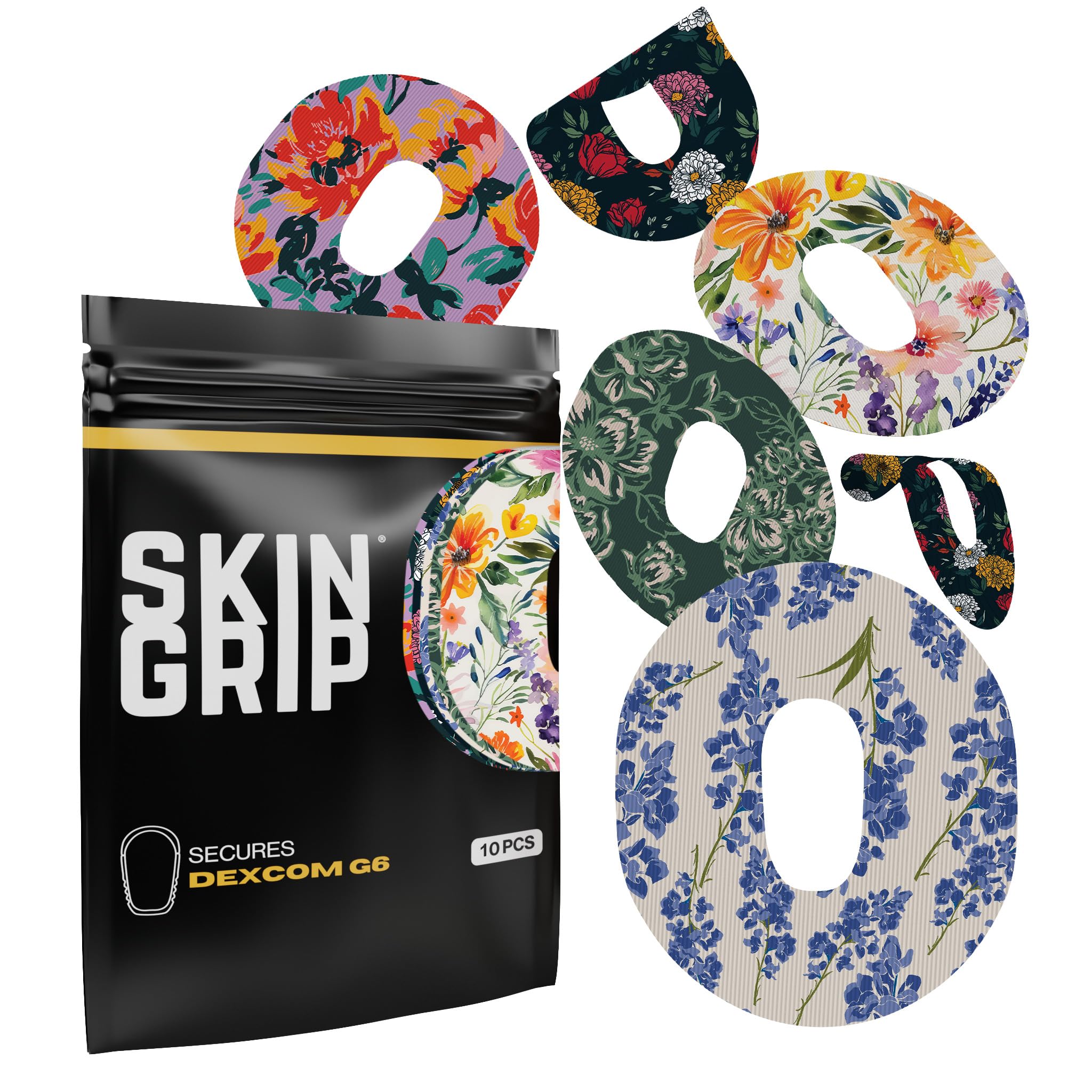 Skin Grip Dexcom G6 patch with cutout for secure CGM placement during daily activities.