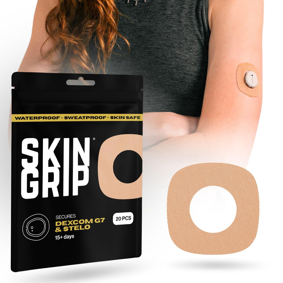 Skin Grip patch adheres to a Dexcom G7 sensor for secure compatibility.