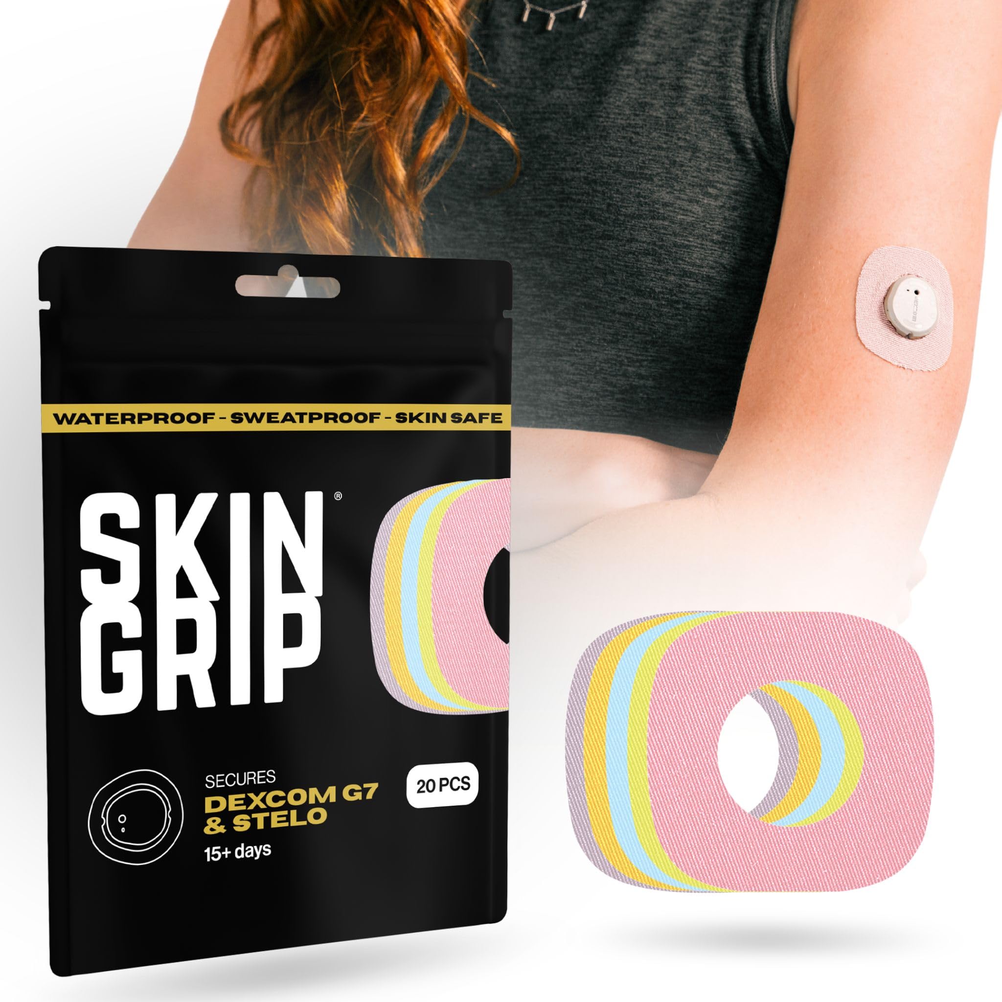 Skin Grip Dexcom G7 patch on skin provides secure wear during daily activities