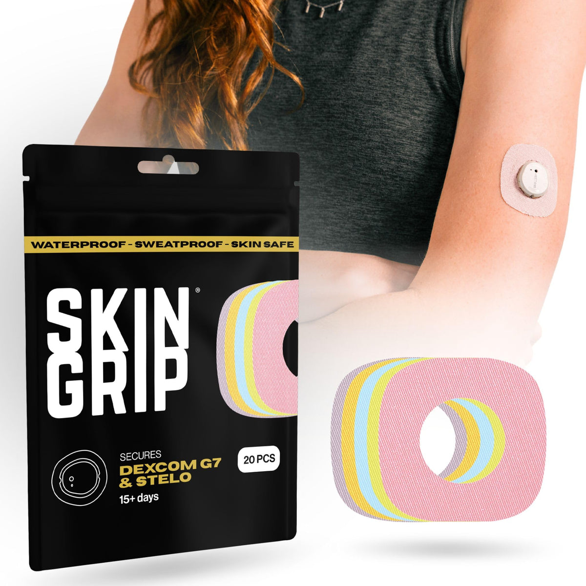 Skin Grip Dexcom G7 patch on skin provides secure wear during daily activities
