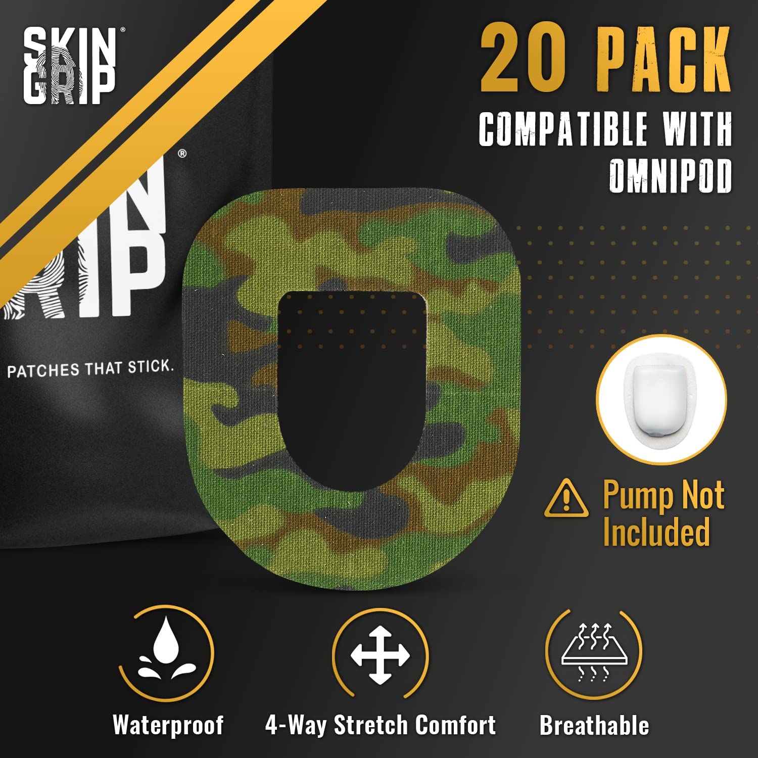 Skin Grip Insulet Patch camouflage design blends with skin for discreet wear.