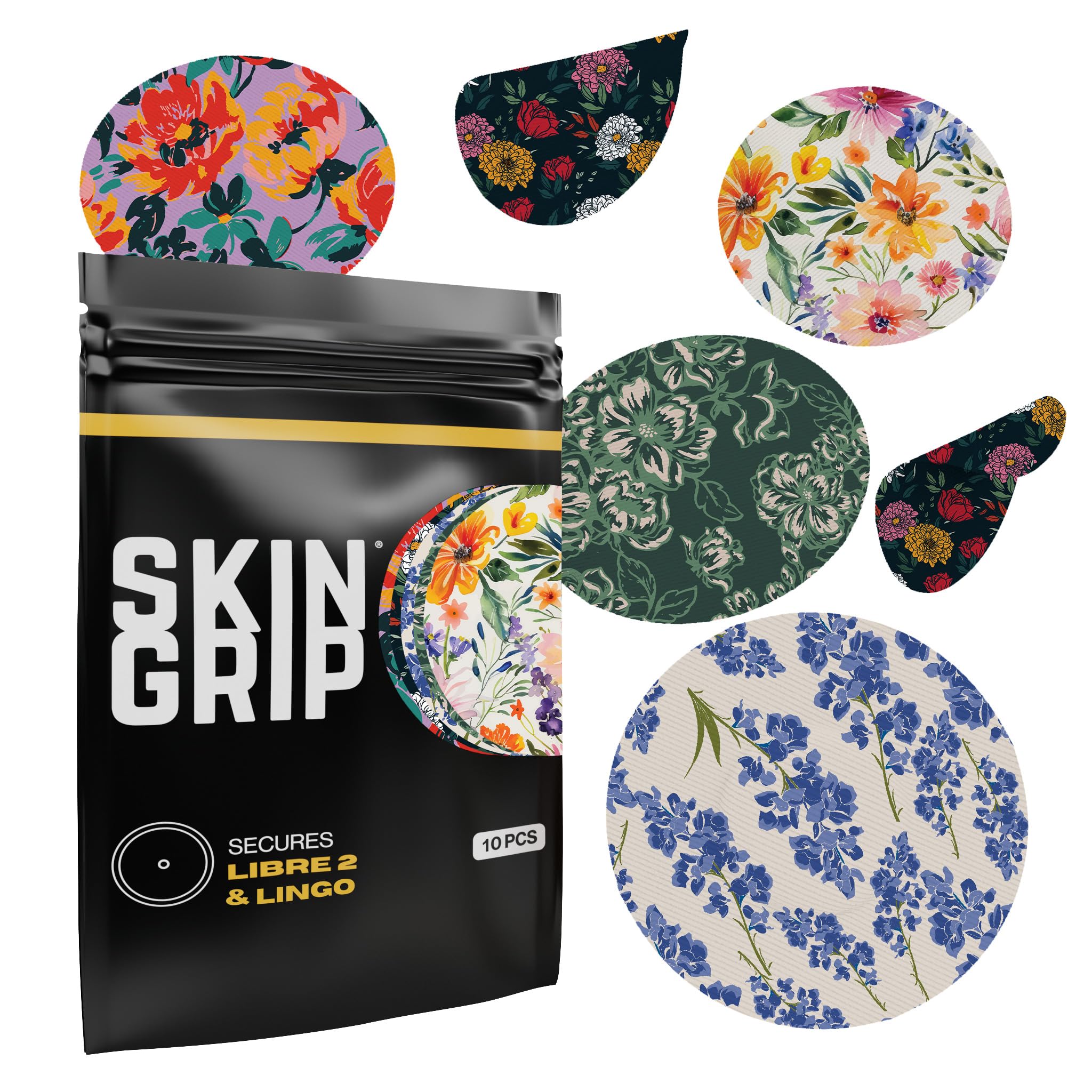 Skin Grip Libre2 sensor cover in floral pack protects your CGM during activity.