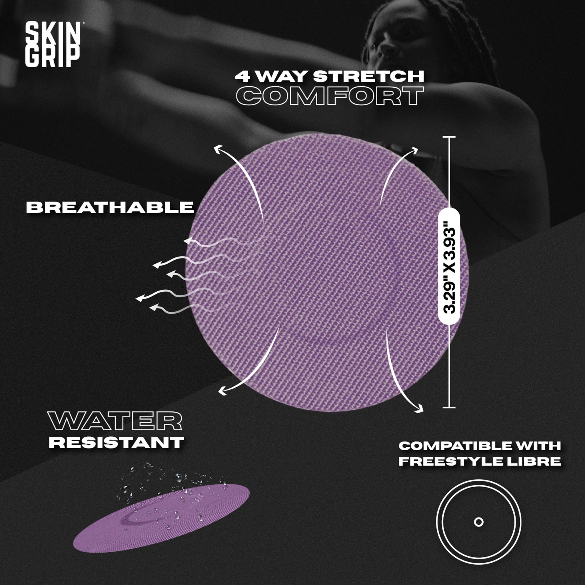Skin Grip Lingo CGM patch application scene for quick, secure adhesion