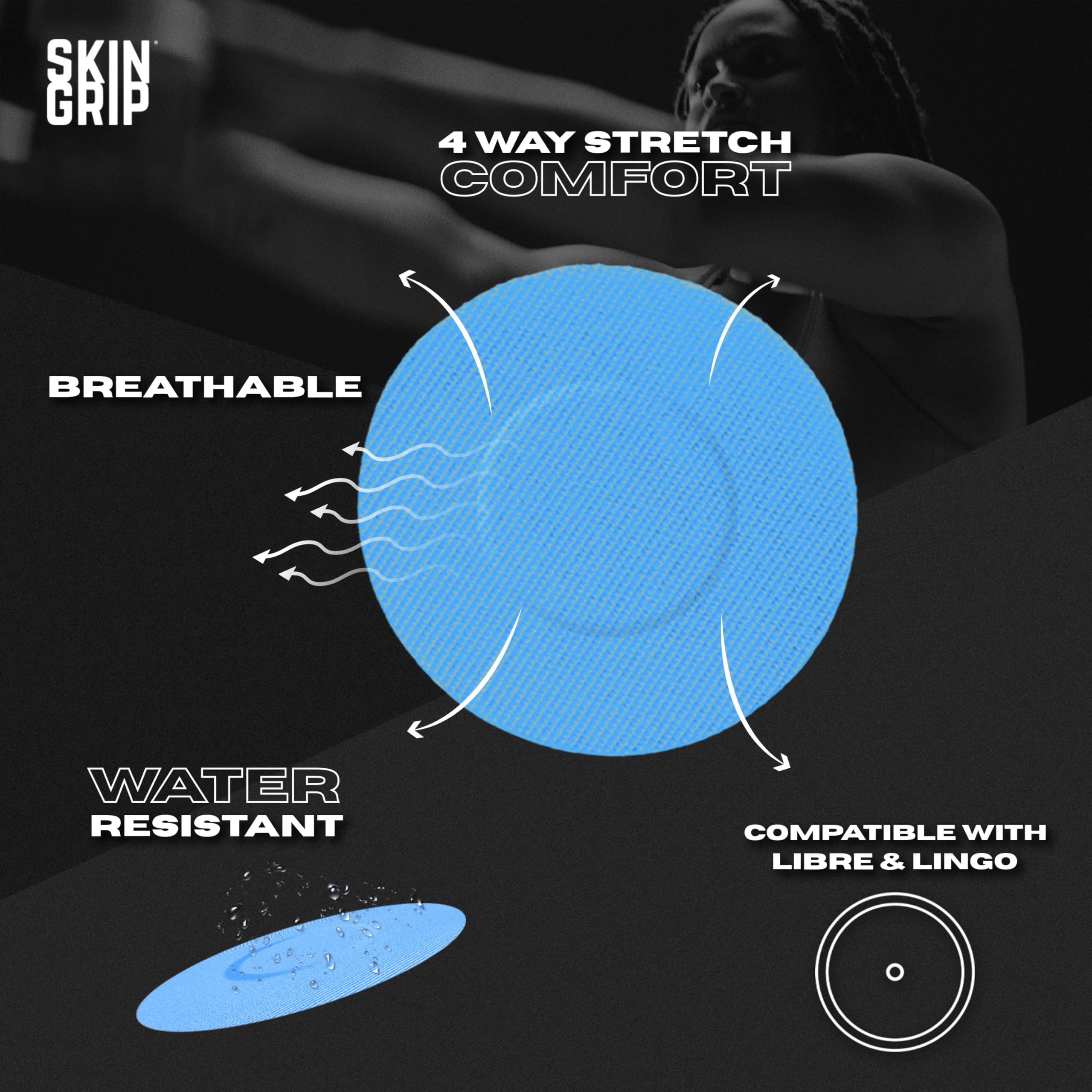 Skin Grip Lingo CGM patch applied on skin for reliable adhesion during activity.