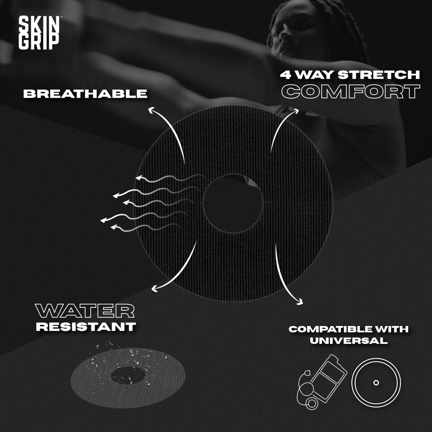 Skin Grip patch on CGM sensor demonstrating waterproof design