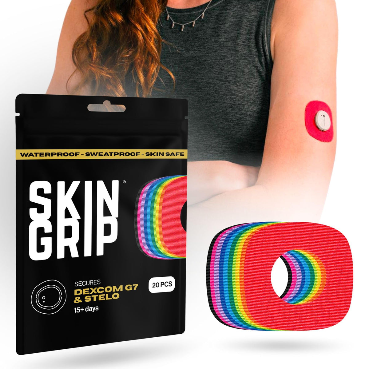 Skin Grip rainbow pack patches secure Dexcom G7 wear with waterproof performance.