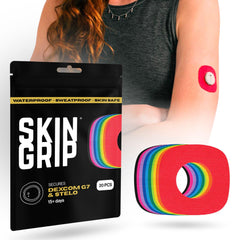 Skin Grip rainbow pack patches secure Dexcom G7 wear with waterproof performance.