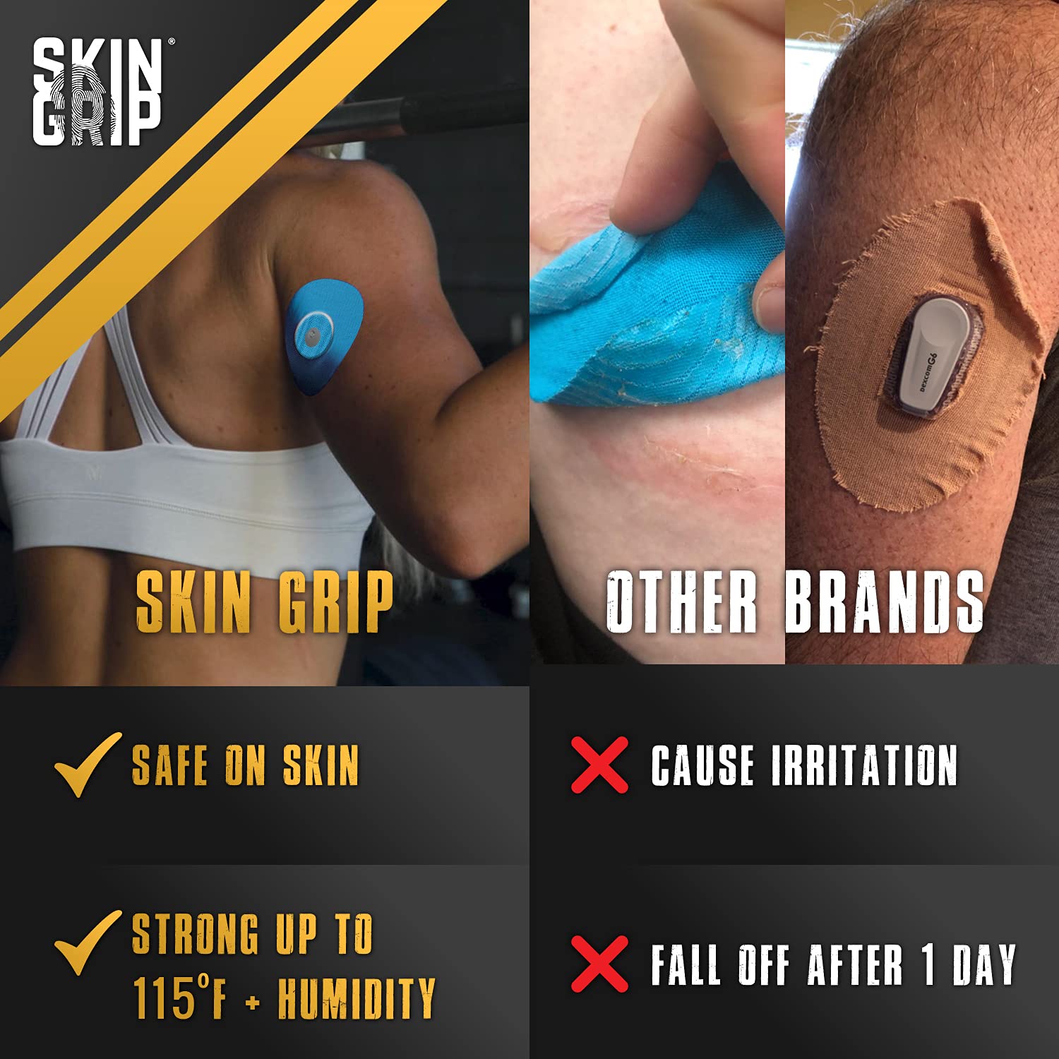 Skin Grip waterproof and sweatproof adhesive keeps sensors dry during workouts.