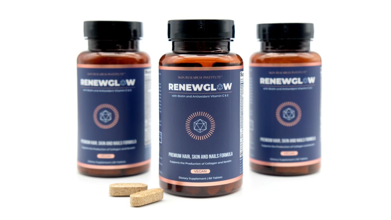 Skin Research Institute Renewglow bottle front showing vegan biotin supplement for hair health