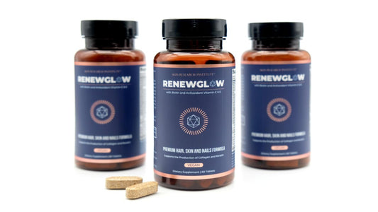 Skin Research Institute Renewglow bottle front showing vegan biotin supplement for hair health