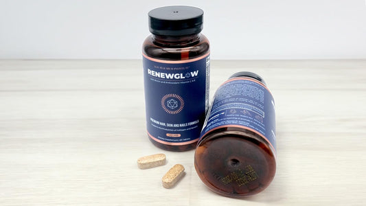 Renewglow bottle side view highlighting capsule-based formula for nail strength