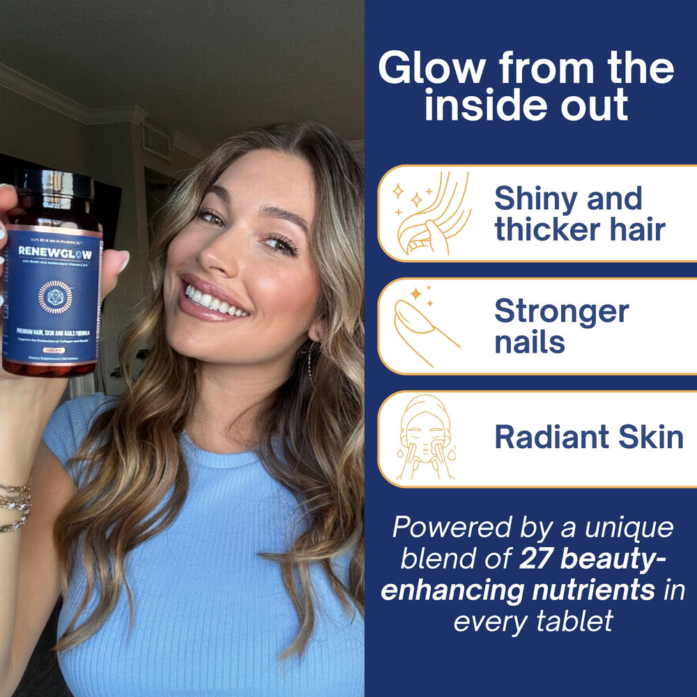 Renewglow capsules close-up for daily beauty support and hair health