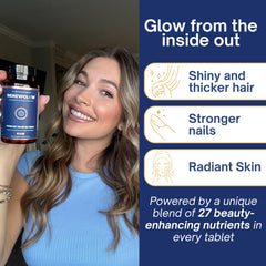 Renewglow capsules close-up for daily beauty support and hair health