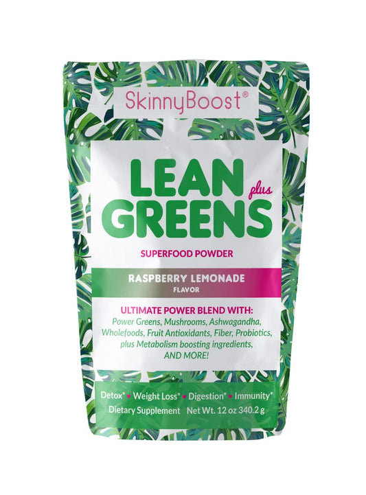 SkinnyBoost Lean Greens Plus bottle shown for clean energy and wellness.