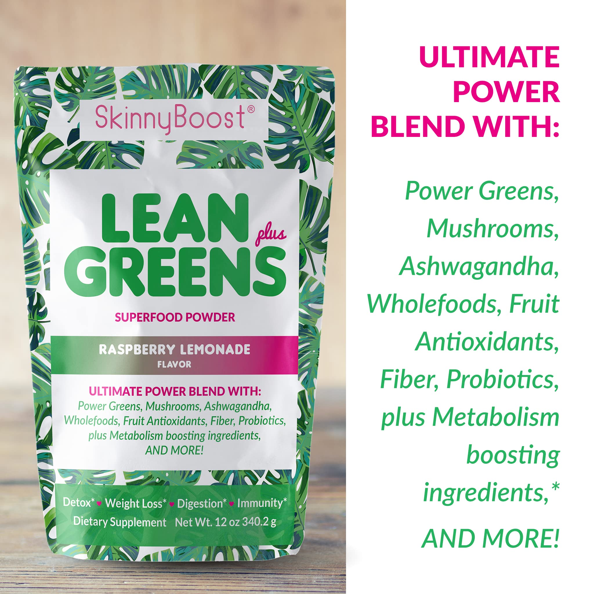 SkinnyBoost Lean Greens Plus green tea and mushroom blend ingredients.