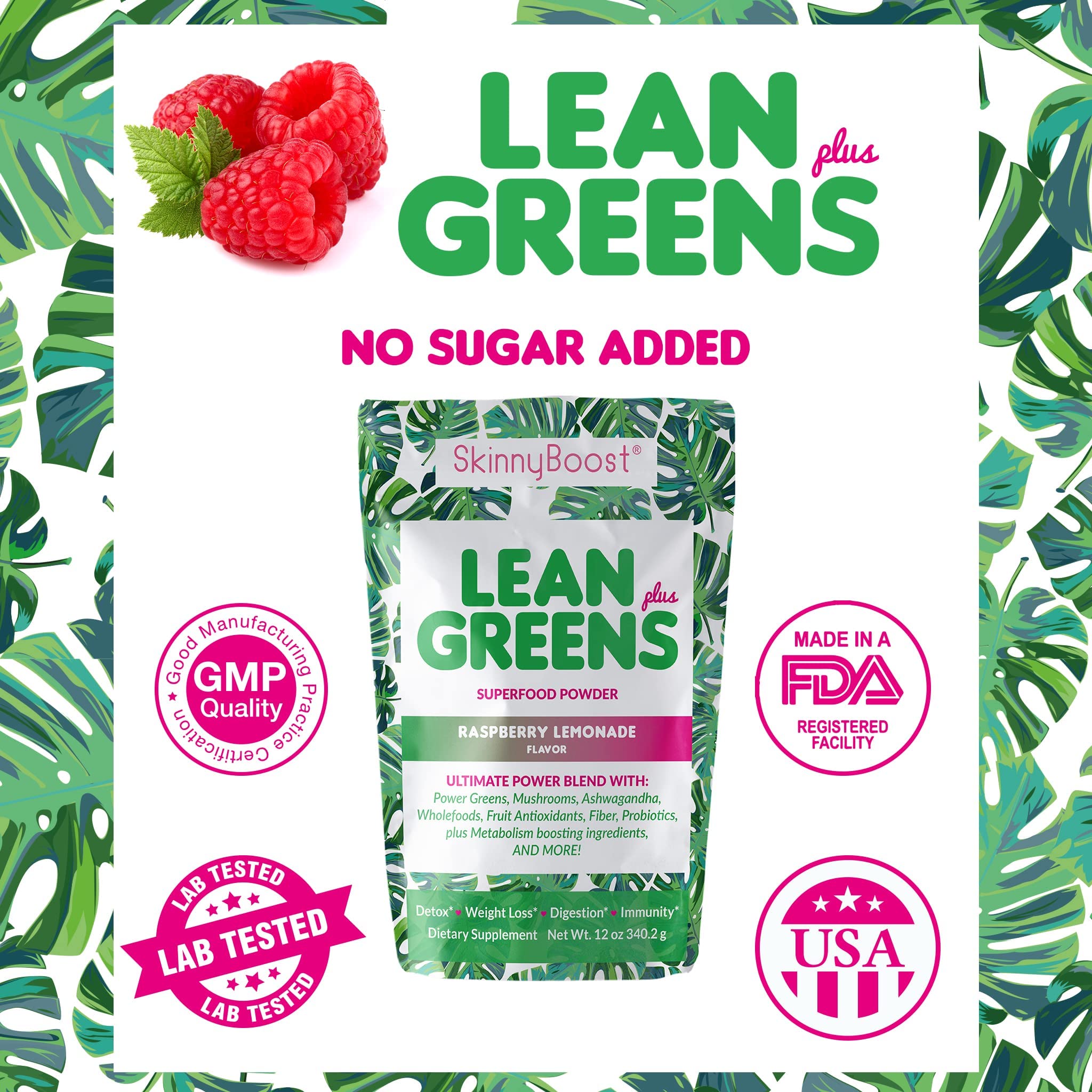 SkinnyBoost Lean Greens Plus scoop poured into a glass for energy.